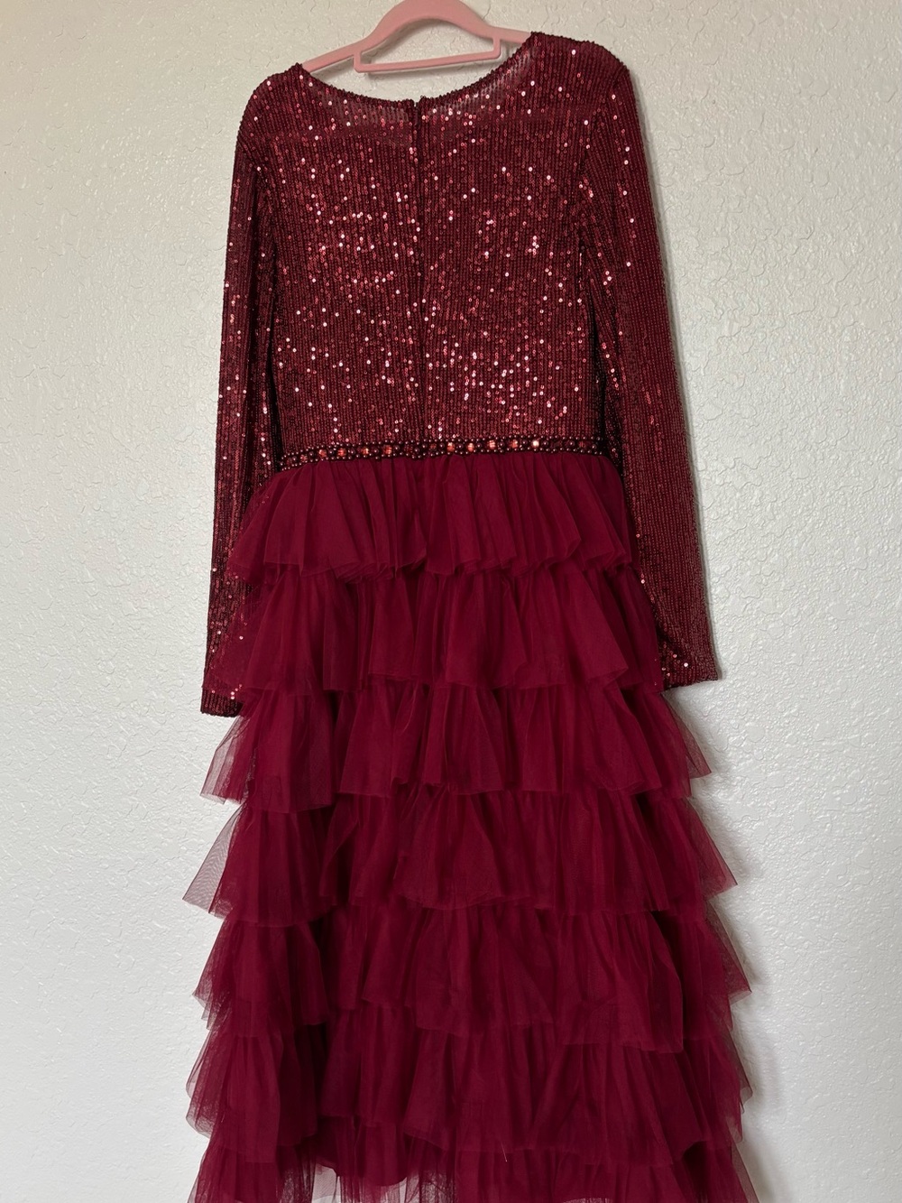 IEENA for Mac Duggal Style 26299 Burgundy Sequin Bodice Tiered Tulle Midi Dress - Picture 4 of 16